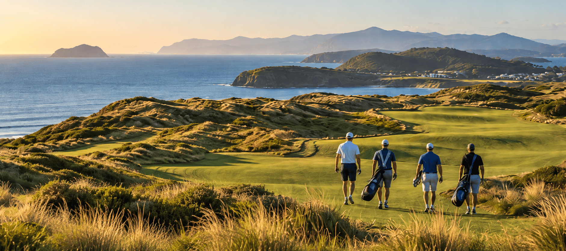 Golfers walking a coastal golf course with ocean and mountains