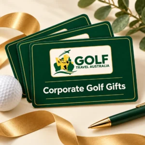 Corporate Golf Gifts with green and gold gift cards