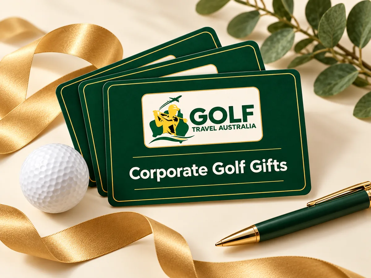 Corporate Golf Gifts with green and gold gift cards