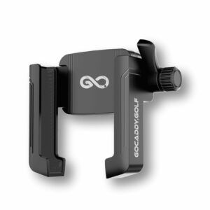 Black GoCaddy Golf Cart Phone Holder with adjustable grip and mounting clamp