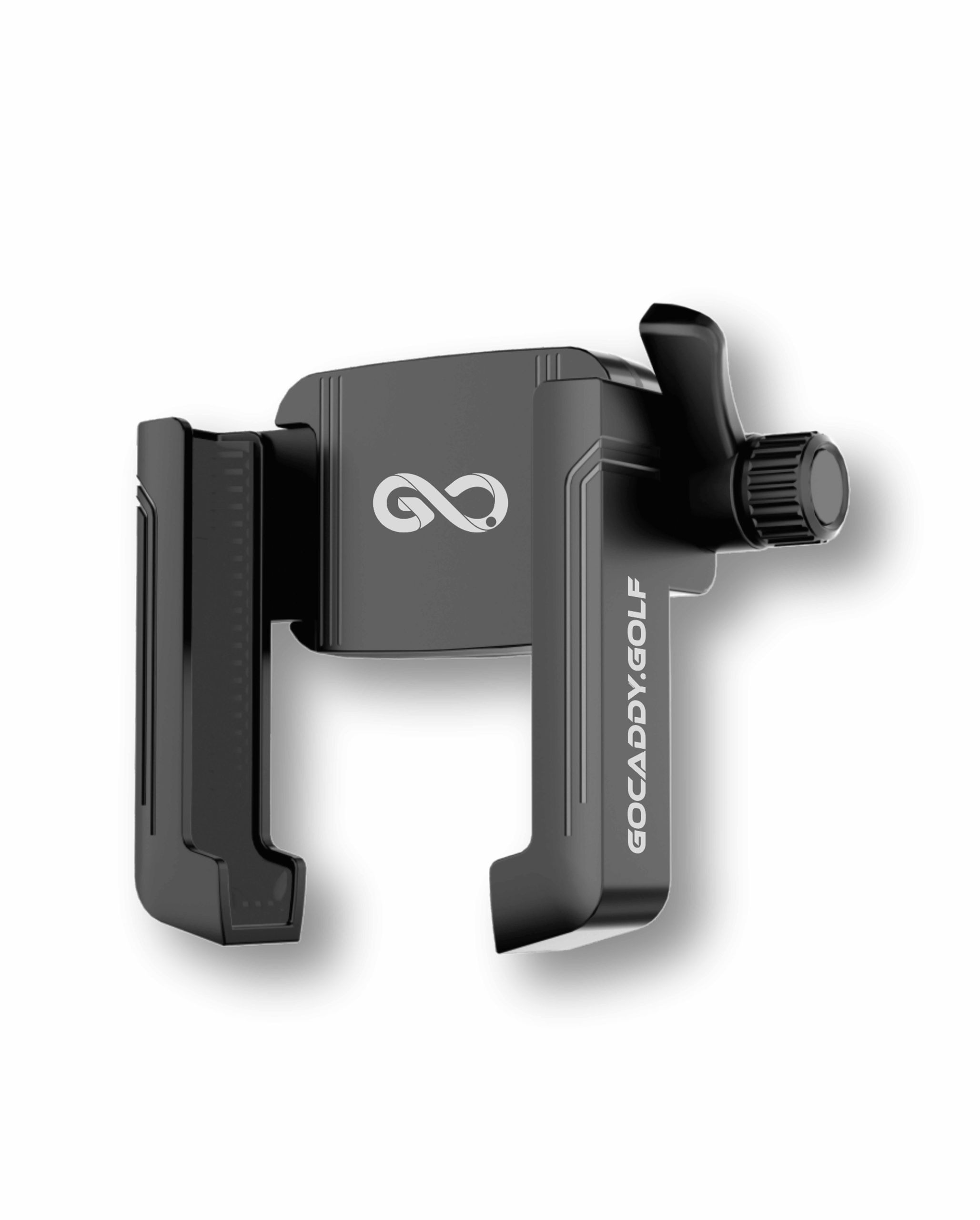 Black GoCaddy Golf Cart Phone Holder with adjustable grip and mounting clamp