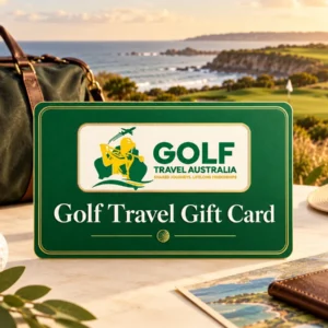 Golf Travel Gift Card with green and gold artwork