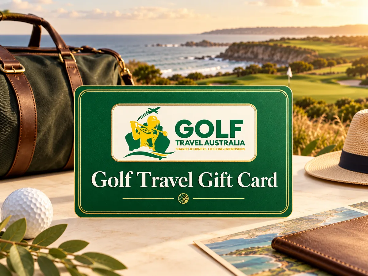 Golf Travel Gift Card with green and gold artwork